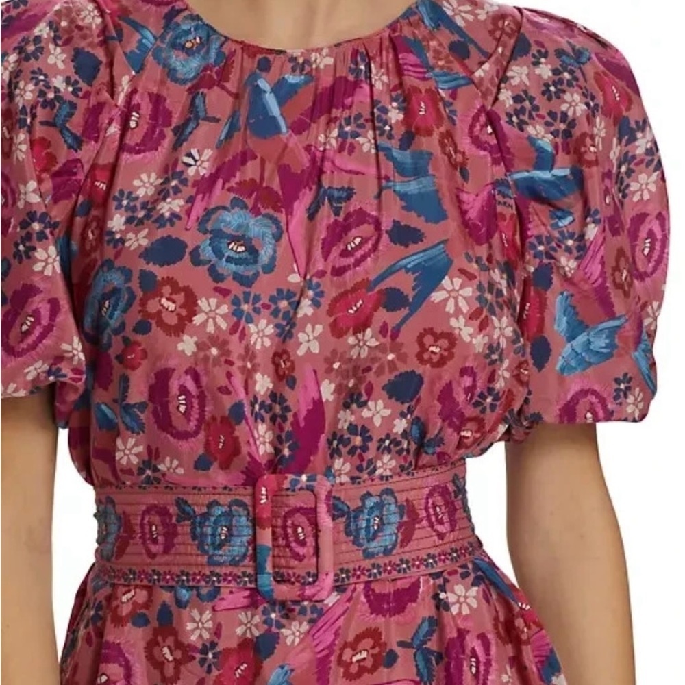 FARM RIO Birds Blush Floral Puff Sleeve Belted Cotton Blend Dress Size XL - Picture 3 of 8